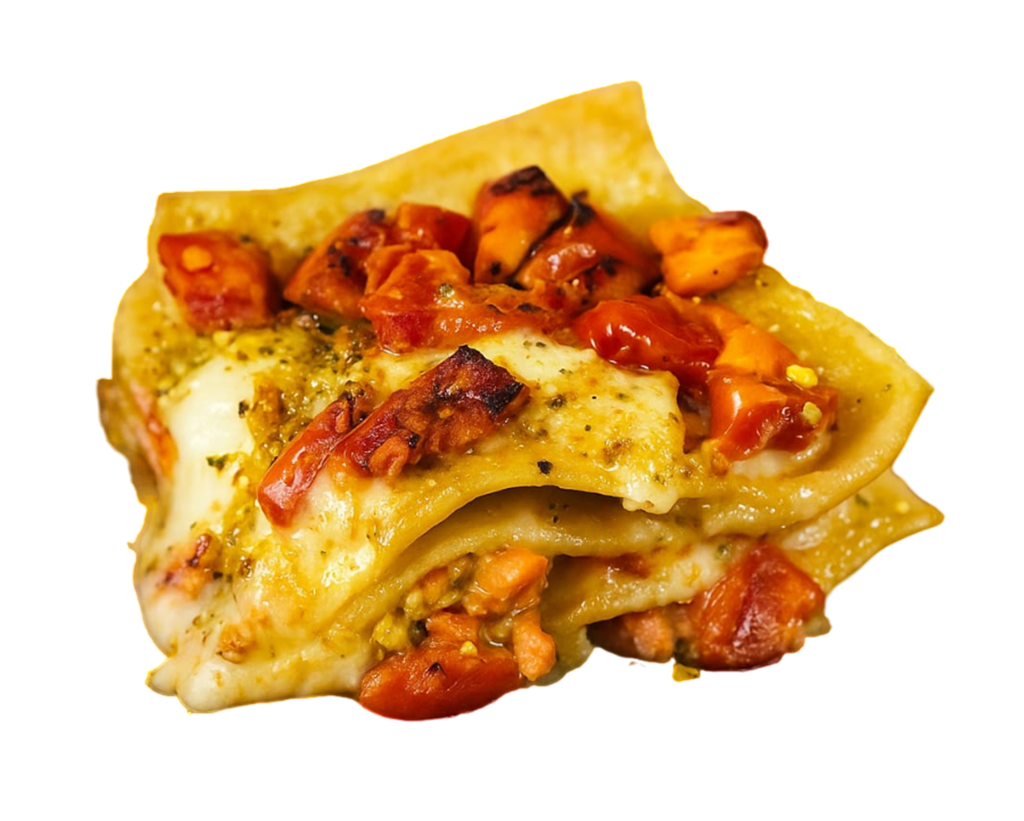 Lasaña de salmón, tomate cherry y pistachos